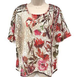 Christopher & Banks Cream Floral Print Eyelet Lace Overlay Blouse Size S
